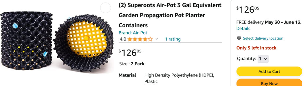 Air-Pot (6) Superoots 1 Gal Equivalent Garden Propagation Pot Planter  Containers